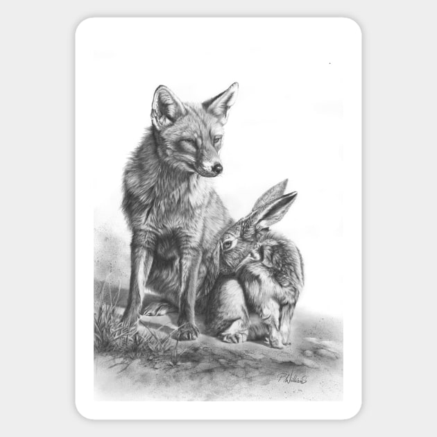An Unlikely Alliance fox and hare pencil drawing Sticker by Mightyfineart